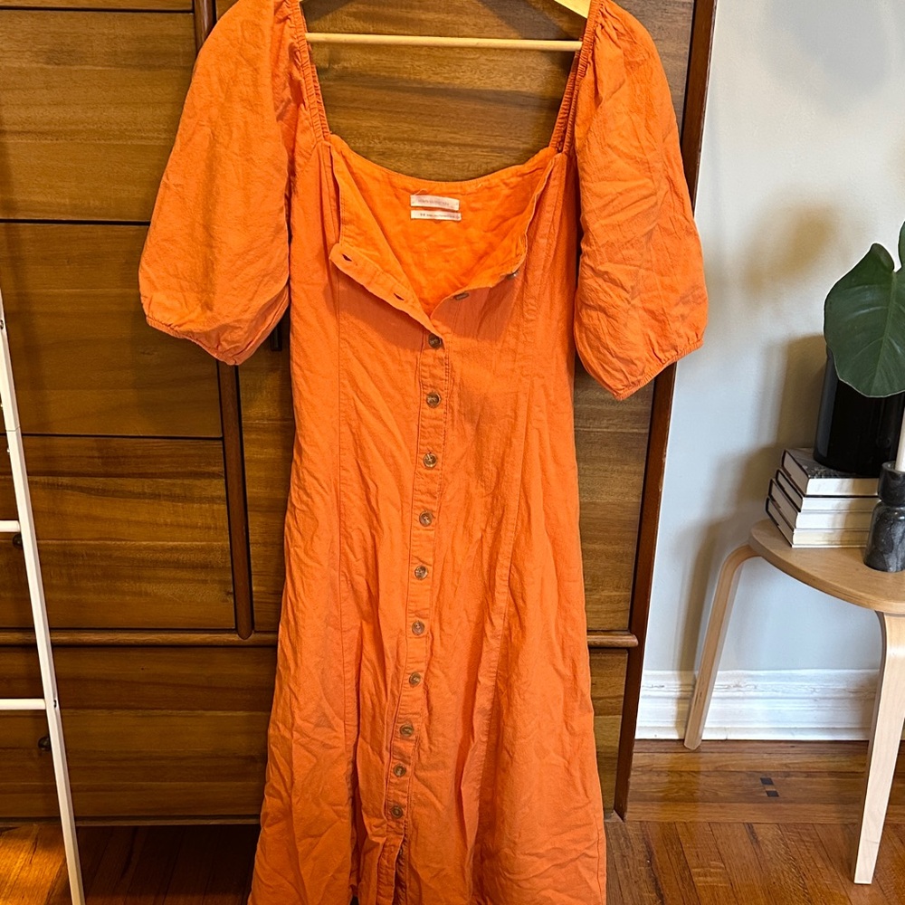 Orange Button-Down Puff Short-sleeved Dress